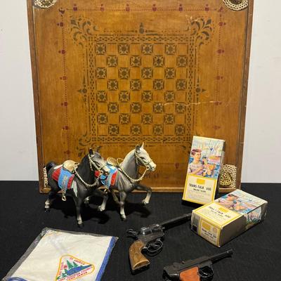 Antique Reversable Wood Game Board, Great Wall Decor, 60s Horse Toys, Cap Pistols & Walkie Talkies 