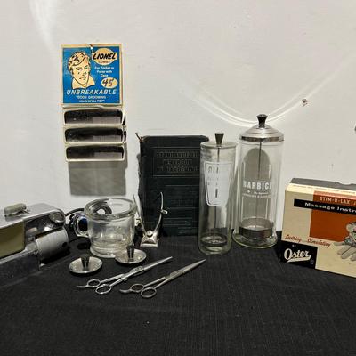 Vntg Barbershop Decor Essentials. Ft, Campbell's Lather King Lather Machine, Barbicide Jars & More