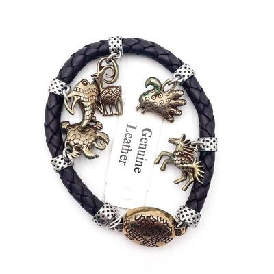 Braided Leather Bracelet with 925 Sterling Silver and Brass Charms