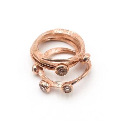 Set of Rose Gold Tone Hammered Stacking Rings with Stones