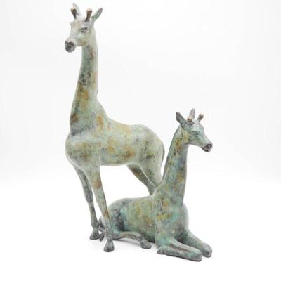 Pair of Weathered Brass Giraffe Statues