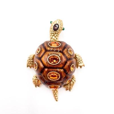 Joan Rivers Turtle Brooch Enameled w/Amber Rhinestones