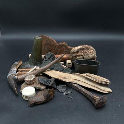 Collection of Assorted Rusted Artifacts and Glass Shard