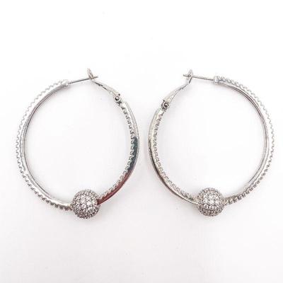 Silver Finish Hoop Earrings with Pave Accents