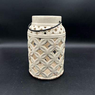 White Ceramic Lattice Lantern with Metal Handle