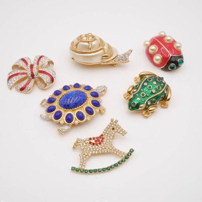Lot of 6 Gold Tone Brooches Including Kenneth Jay Lane