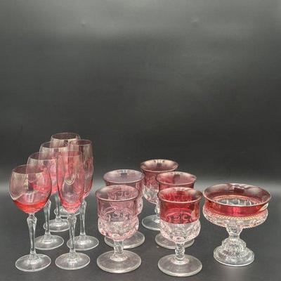 Set of Cranberry Glass Stemware and Footed Bowls