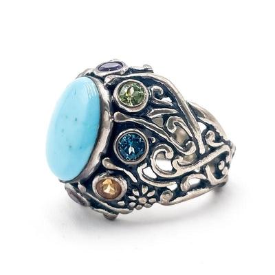 925 Sterling Silver Ring with Turquoise and Gemstones Size 7