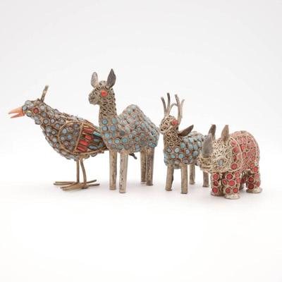 Lot of 4 Nepalese Metal Animal Figurines with Inlaid Stones