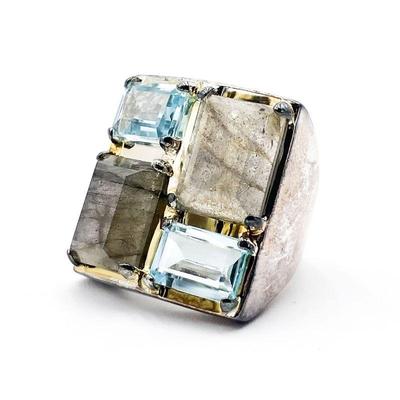 925 Sterling Silver Ring with Blue Topaz & Labradorite Gemstone Inlay