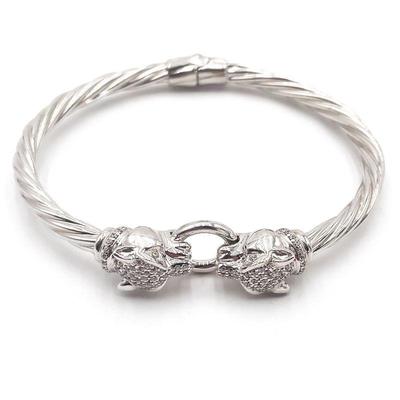 Twisted 925 Sterling Silver Bracelet with CZ Accented Panther Heads