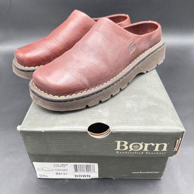 Born Brown Leather Slip-On Clogs, Size 8