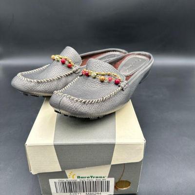 Gray Leather Loafers with Beaded Detailing