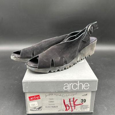 Arche Black Suede Open-Toe Wedge Sandals
