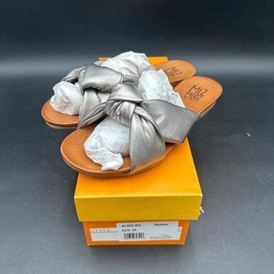 Metallic Leather Slide Sandals, Size 8
