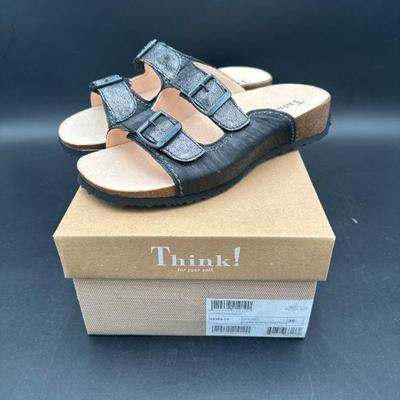Think! Slip-On Sandals in Black, Size 8