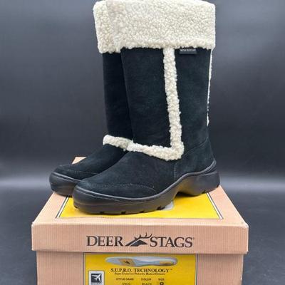 Deer Stags Black Boots with Shearling Trim, Size 8