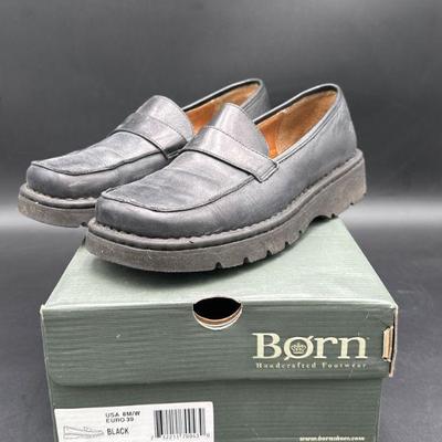 Born Black Leather Slip-On Loafers, Size 8