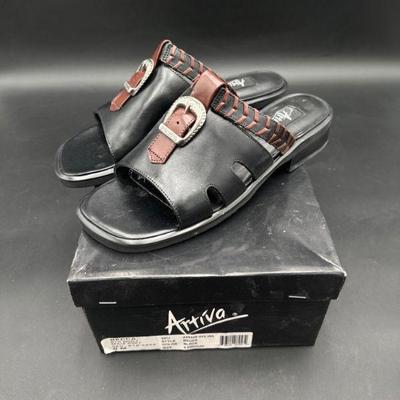 Arriva Black Leather Sandals, Size 8