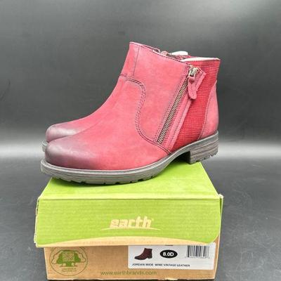 Earth Red Leather Ankle Boots, Size 8