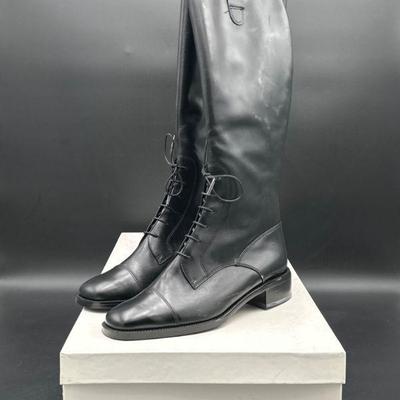 Black Leather Lace-Up Tall Boots, Size 8