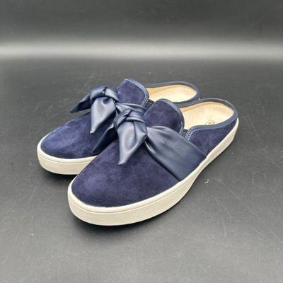 Navy Suede Slip-On Shoes with Bow Accent