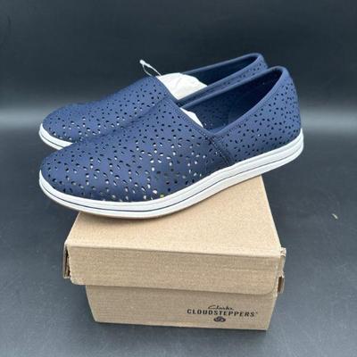 Clarks Cloudsteppers Navy Slip-On Shoes, Size 8