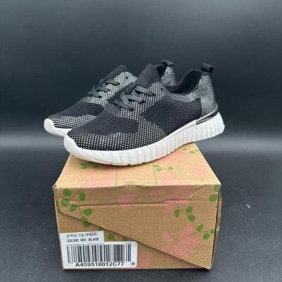 Pair of Black Knit Sneakers with White Soles