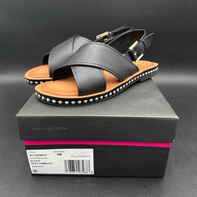 Black Leather Sandals with Studded Details, Size 8