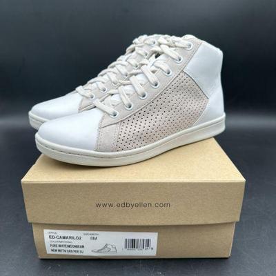 White and Beige High-Top Sneakers, Size 8