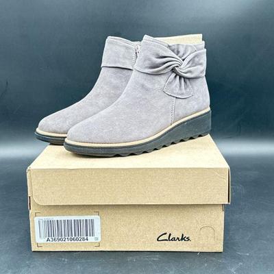 Clarks Gray Suede Ankle Boots with Side Bow Size 8