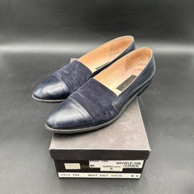 Navy Suede and Leather Slip-On Shoes, Size 8