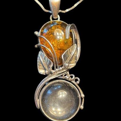 Sterling amber & glass pendant on chain