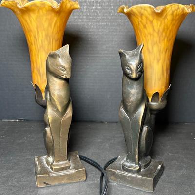 Art Deco Bronze Cat Lamps W/Tiffany Style Amber Glass Shade 