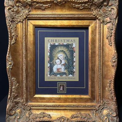 06 USPS 39c Christmas Stamp Denver Art Museum Framed In Gold Gilt Carved Frame