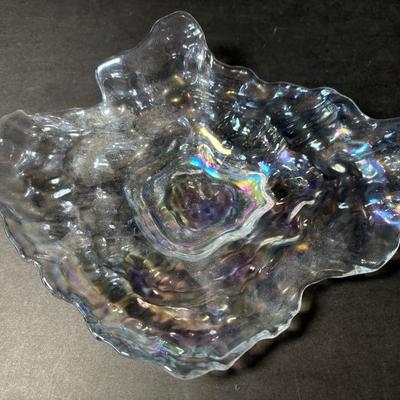 Vintage Opalescent Art Glass Oyster Dish freeform iridescent clear
