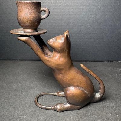 Art Deco Style French Bronze Candle Holder in a Form of a Cat Holding A Tea Cup 