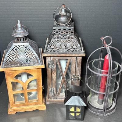 At Home America Black Wrought Iron Lantern & 2 Wooden Lanterns 
