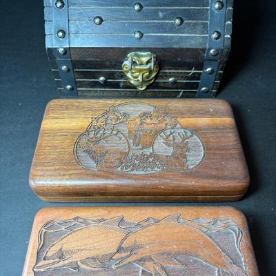 Vintage Gothic Style Wood Pirate Chest Made In Japan & 2 Hand Carved Boxes