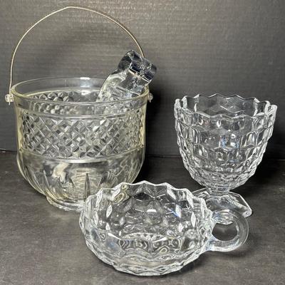 Fostoria American Clear 3 Corner Nappy Bowl, Footed Candy Dish & Diamond Band Clear Glass Ice Bucket