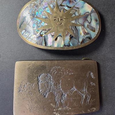 Vintage Artisan Mexico Alpaca Abalone Shell Inlay Smiling Sun Belt Buckle & Brass High Mesa Buckle 
