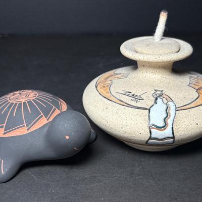 Zodin Southwestern Sand Pottery Oil Lamp & Navajo Carved Turtle Pottery