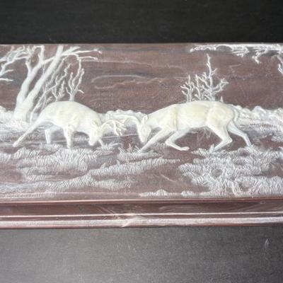 Large Vintage Incolay Sparring Deer Scene Jewelry Box