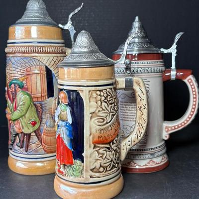 Trio Of German Beer Steins W/Pewter Lids