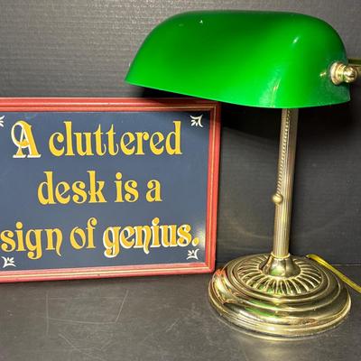 Classic Brass Finish Bankers Lamp And “Cluttered Desk” Sign