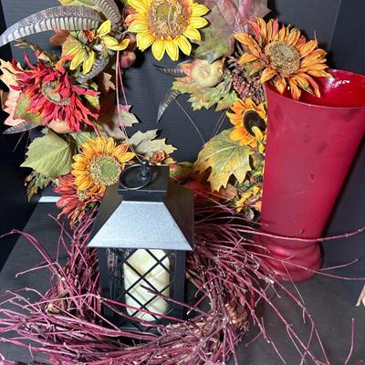Large Painted Bowl, Wreaths, Lantern & Tall Red Vase Decor