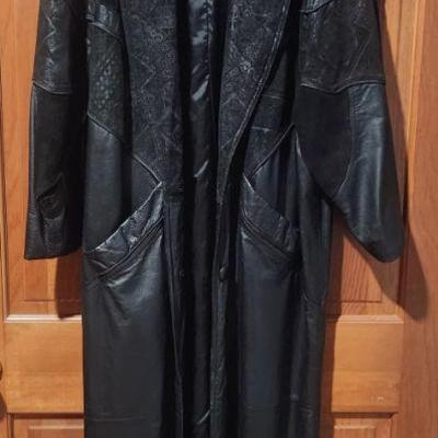 Womens Long Faux Leather Coat Size L