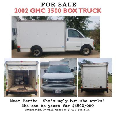 2002 GMC 3500 Box Truck; Gasoline Engine, Clean title and safety inspection completed/passed.