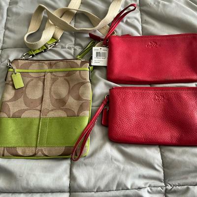Coach Signature Stripe Crossbody & 2 Double zip Wristlet Wallets 