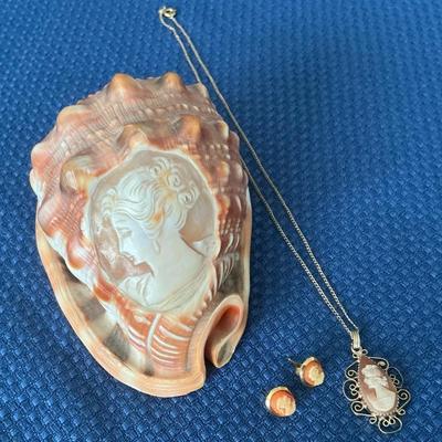 Cameo Necklace, Earrings, & Shell